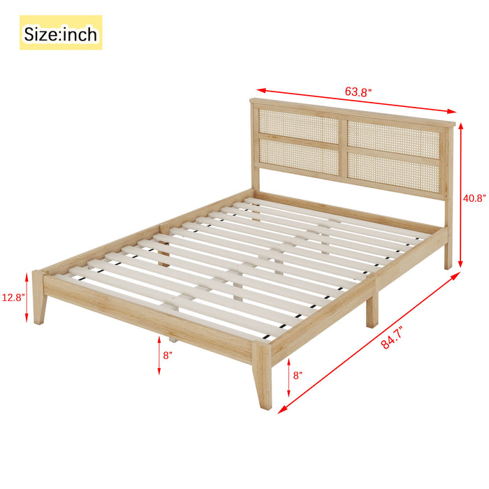 Queen Size Rubber Wooden, Solid Wooden Bed With Rattan Headboard, Enhanced By Support Feet - Natural