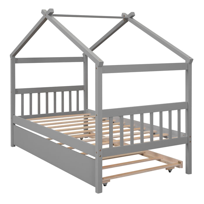 Wooden House Bed With Twin Size Trundle