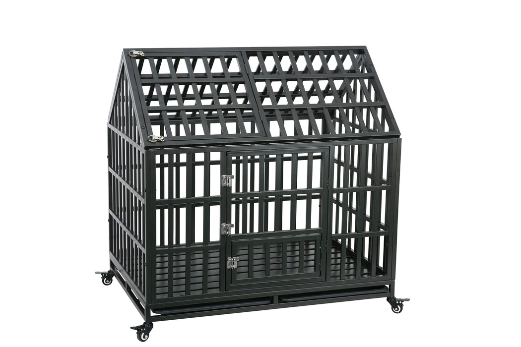 Heavy Duty Dog Cage Pet Crate With Roof - Black