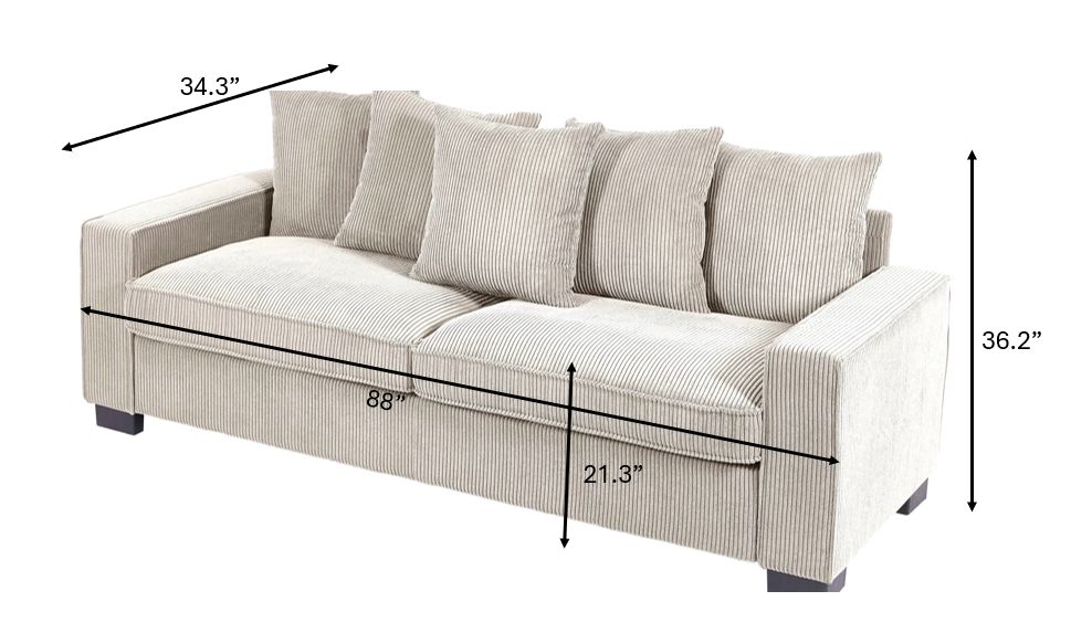 Luxe Corduroy Sofa With 5 Matching Toss Pillows, Sleek Design, Spacious And Comfortable 3 Seater Couch