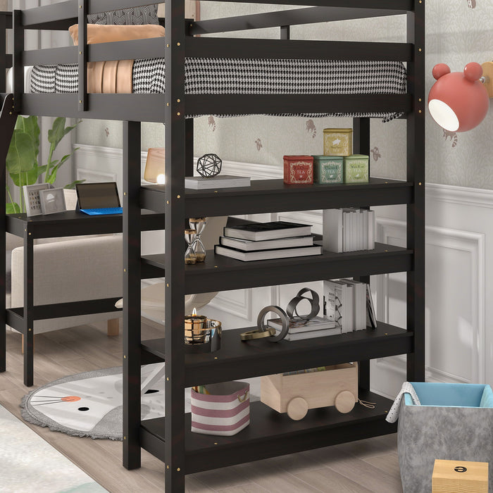 Twin Loft Bed With Desk, Ladder, Shelves