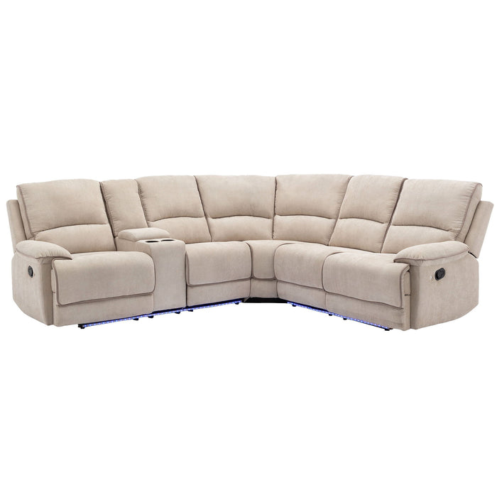 Modern Manual Reclining Living Room Furniture Set With USB Ports, Hidden Storage, Led Light Strip And 2 Cup Holders - Cream