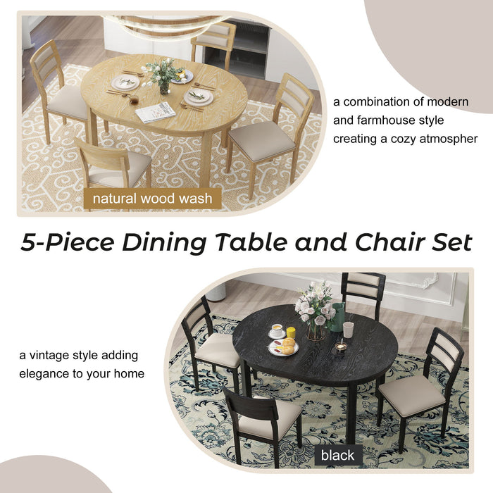 Multifunctional Dining Table Set, Farmhouse Dining Set With Extendable Round Table, Two Small Drawers And 4 Upholstered Dining Chairs For Kitchen And Dining Room