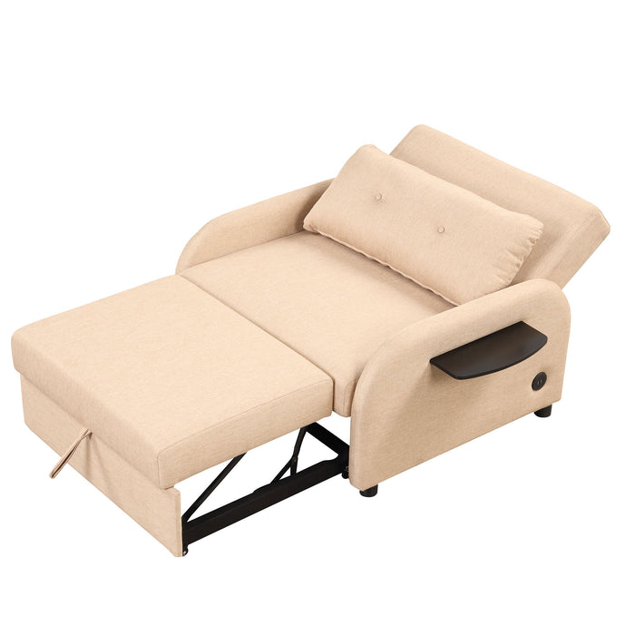 Pull Out Sofa Sleeper 3 In 1 With 2 Wing Table And USB Charge For Nap Line Fabric For Living Room Recreation Room