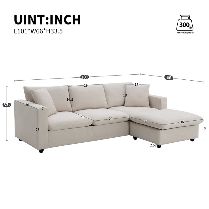 Modern Sectional Sofa, L-Shaped Couch Set With 2 Free Pillows, 4-Seat Polyester Fabric Couch Set With Convertible Ottoman For Living Room, Apartment, Office