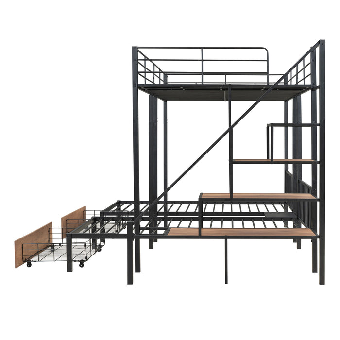 Full Over Twin-Twin Triple Bunk Bed With Drawers And Staircase - Black