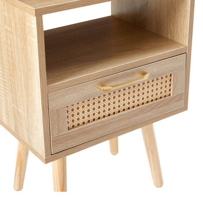 15.75" Rattan End Table With Drawer And Solid Wood Legs, Modern Nightstand, Side Table For Living Room, Bedroom