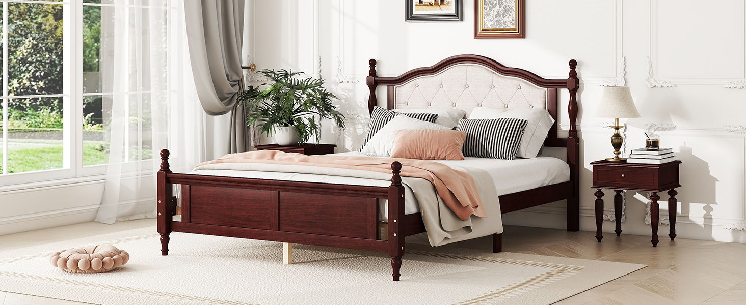 Pine Wooden Bed With Upholstered Headboard And Panel Footboard, With Two Bed Rail Support Feet And Central Platform Support Feet