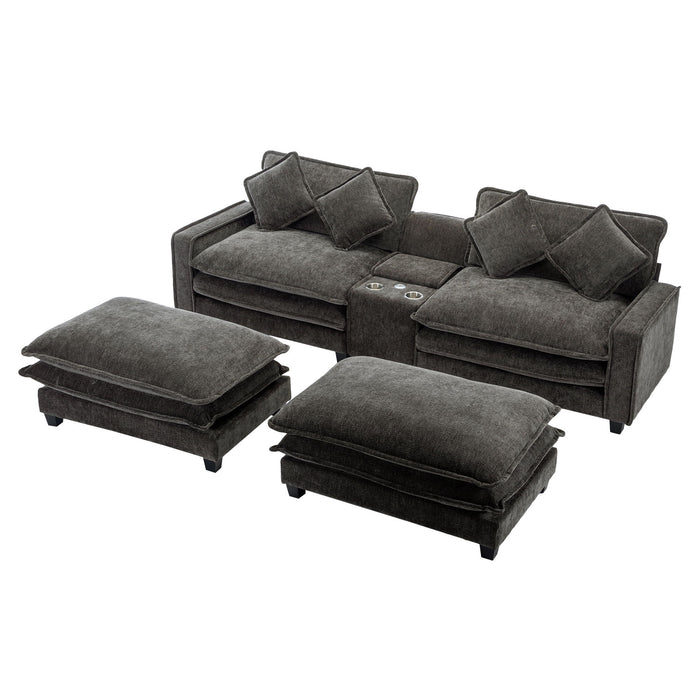 Sectional Sofa Chenille Upholstered Sofa With Two Removable Ottoman, Two USB Ports, Two Cup Holders And Large Storage Box For Living Room