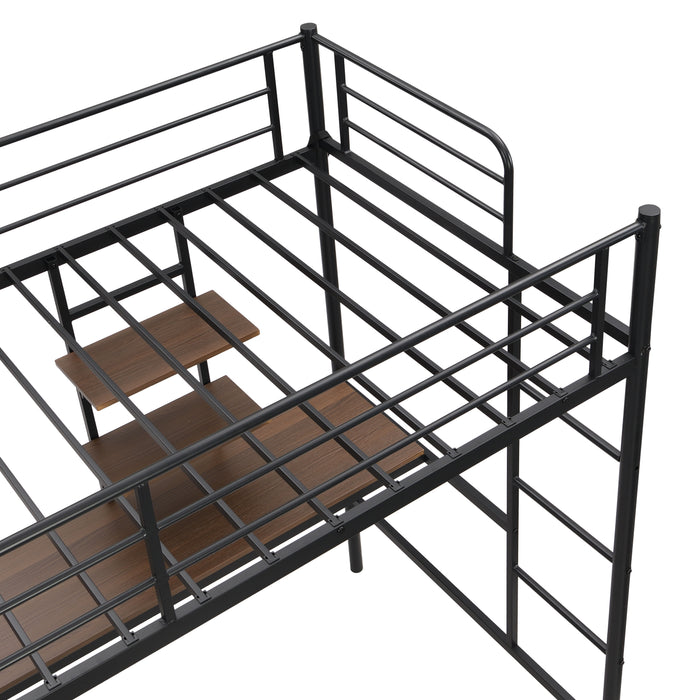 Metal Twin Loft Bed With Desk And Storage Shelves - Black