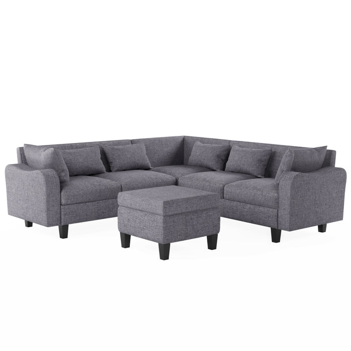 Modern Sectional Sofa With Coffee Table, 6 Seat Couch Set With Storage Ottoman, Various Combinations, L-Shape Indoor Furniture With Unique Armrests For Living Room (6 Pillows)