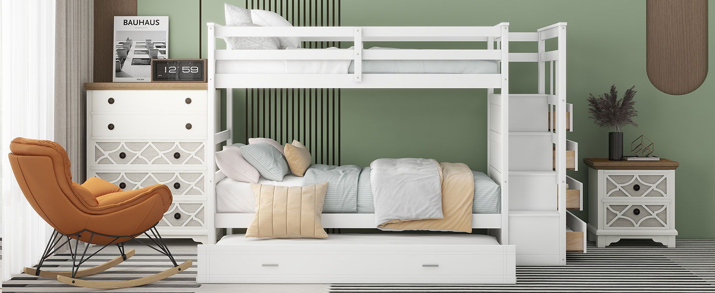 Twin Over Twin Bunk Bed With Trundle And Staircase - White