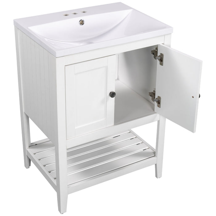 Modern Sleek Bathroom Vanity Elegant Ceramic Sink With Solid Wood Frame Open Style Shelf - White