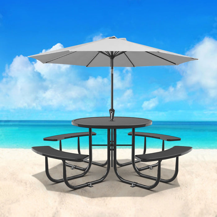 Round Outdoor Steel Picnic Table With Umbrella Pole - Black