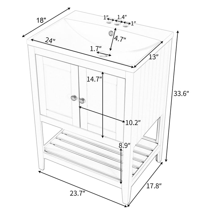 Modern Sleek Bathroom Vanity Elegant Ceramic Sink With Solid Wood Frame Open Style Shelf - White