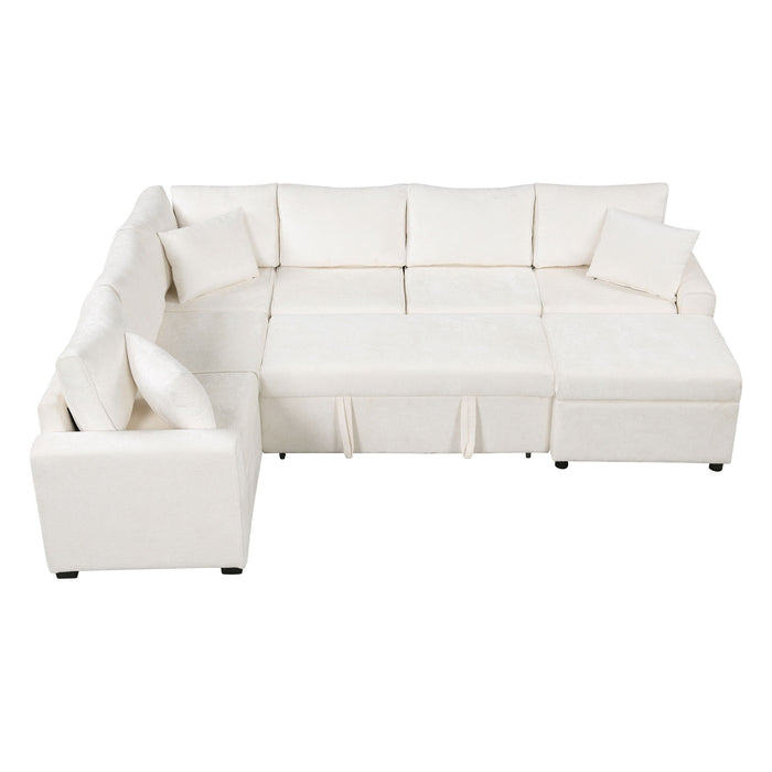 Sectional Sofa Pull-Out Sofa Bed Sleeper With A Storage Ottoman, Three Pillows And Charging Devices For Living Room