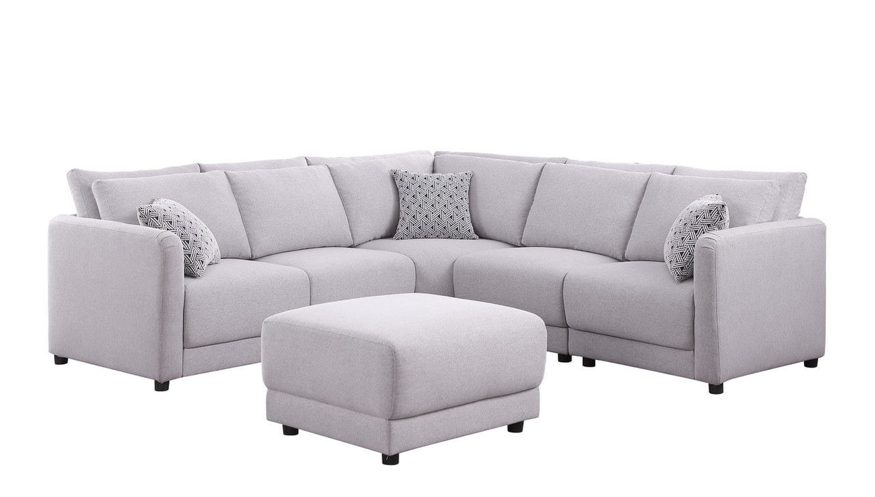 Penelope - Linen Fabric Reversible L-Shape Sectional Sofa With Ottoman And Pillows - Light Gray