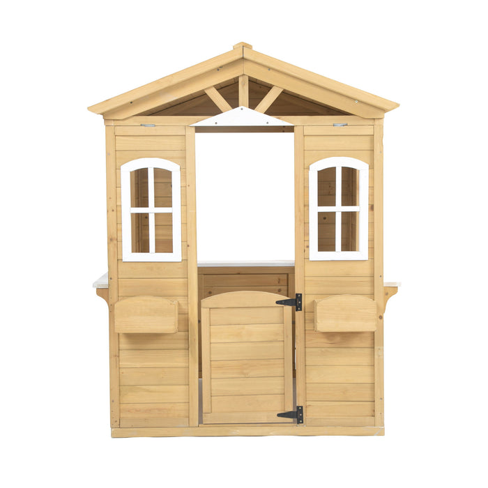 Wooden Playhouse For Kids Outdoor With Working Door, Windows, Mailbox, Flowers Pot Holder - Natural