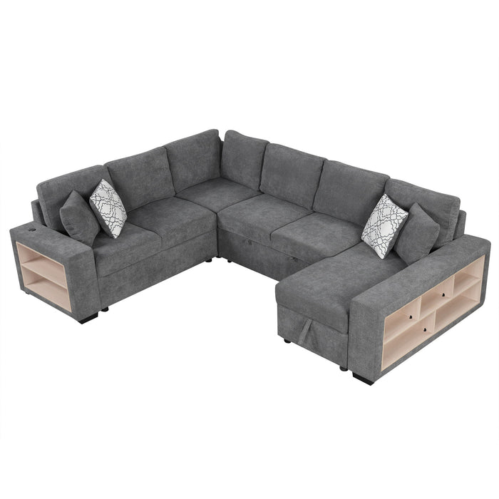 U-Shaped Sectional Sofa Pull-Out Sofa Bed With Two USB Ports, A Storage Chaise Lounge And Four Back Pillows For Living Room