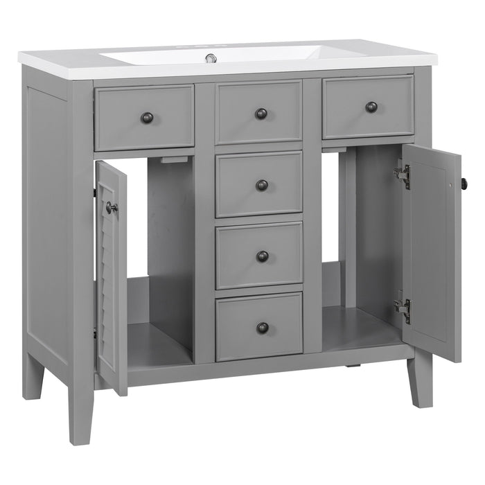 Bathroom Vanity With Ceramic Basin, Two Cabinets And Five Drawers, Solid Wood Frame, Gray