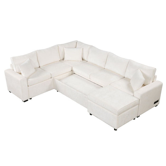 Sectional Sofa Pull-Out Sofa Bed Sleeper With A Storage Ottoman, Three Pillows And Charging Devices For Living Room