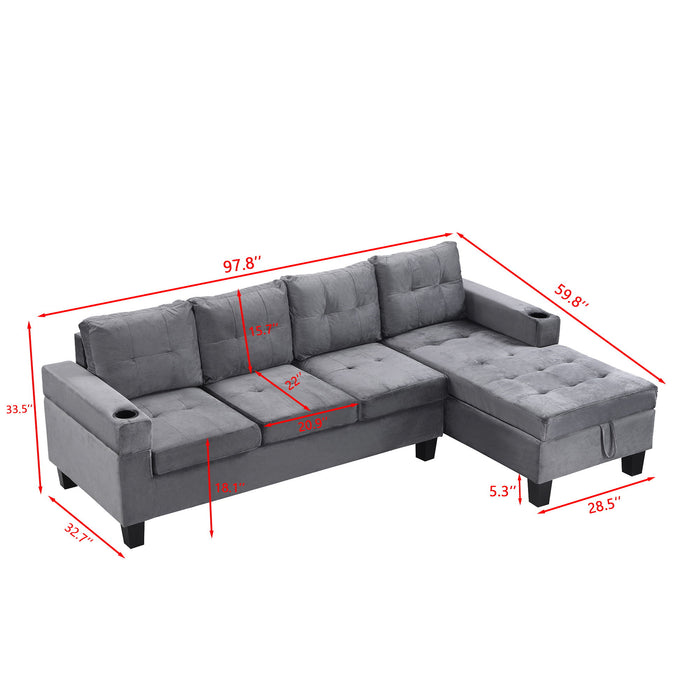 Modern 4 Seat Sectional Sofa With L Shape Right Lounge Storage Chaise, Cup Holder - Gray