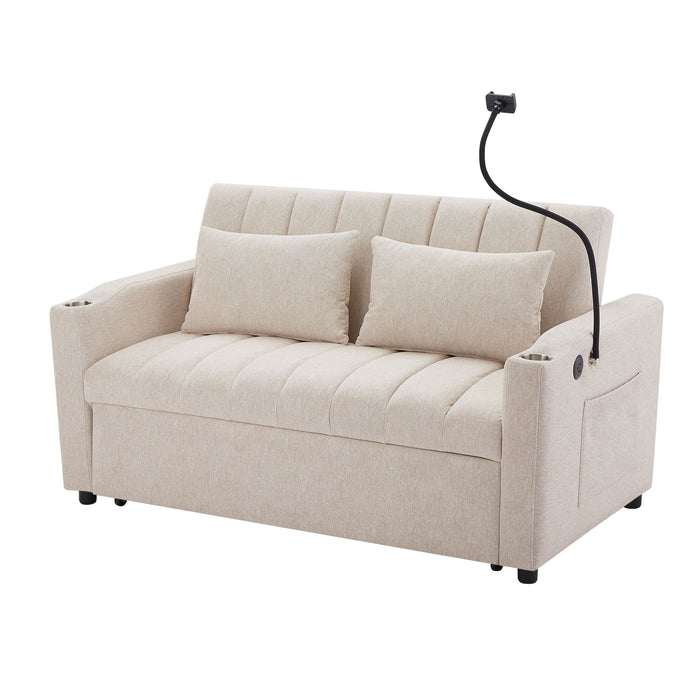 Convertible Sofa Bed Loveseat Sofa With Three USB Ports, Two Side Pockets, Two Cup Holders And 360° swivel Phone Holder For Living Room