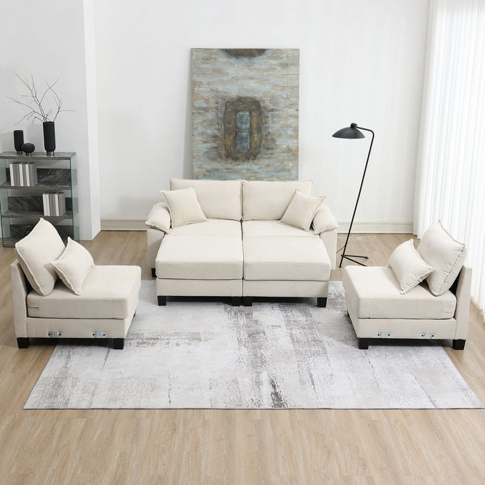 Corduroy Modular Sectional Sofa, U Shaped Couch With Armrest Bags, 6 Seat Freely Combinable Sofa Bed, Comfortable And Spacious Indoor Furniture For Living Room - Beige