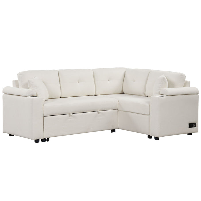 L-Shape Sofa Bed Pull-Out Sleeper Sofa With Wheels, USB Ports, Power Sockets For Living Room