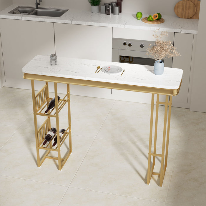 Modern Straight Bar Table With Shelves - White / Gold