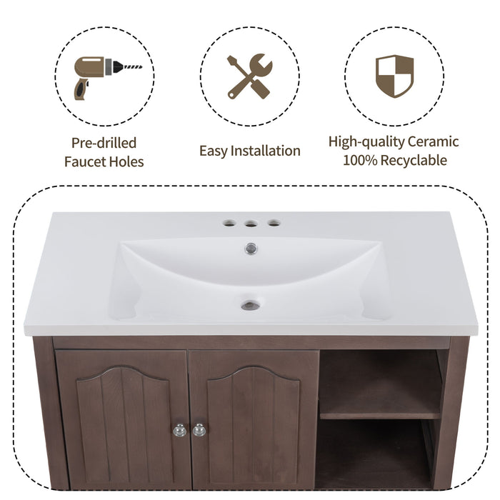 Bathroom Vanity With Ceramic Basin, Bathroom Storage Cabinet With Two Doors And Drawers, Solid Frame, Metal Handles