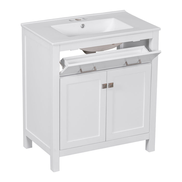 Bathroom Vanity With Ceramic Sink, Modern Single Bathroom Cabinet With 2 Doors And A Shelf, Soft Close Doors