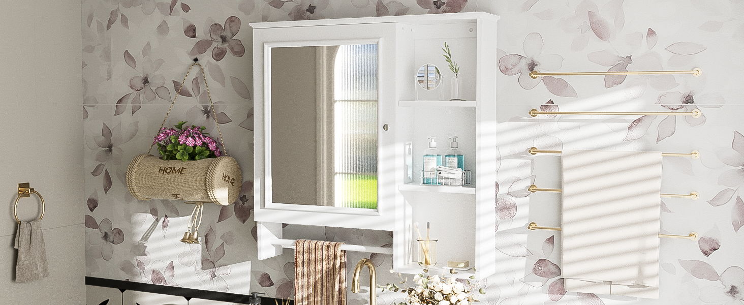 Wall Mounted Bathroom Storage Cabinet, Medicine Cabinets With Large Mirror Door, Adjustable Shelves And Three Open Storage Levels(Not Include Bathroom Vanity)