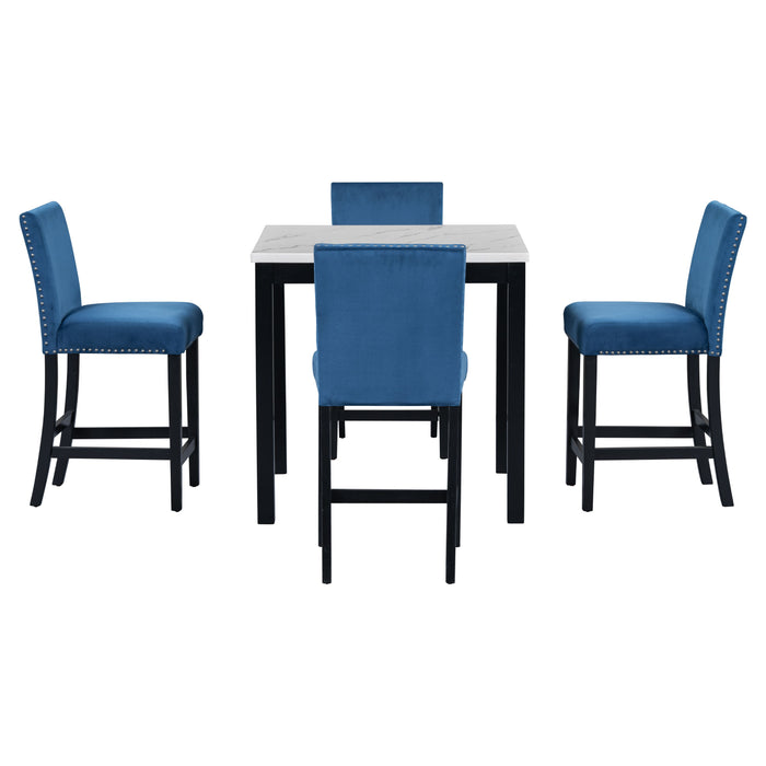 5-Piece Counter Height Dining Table Set With One Faux Marble Top Dining Table And Four Velvet Upholstered Chairs