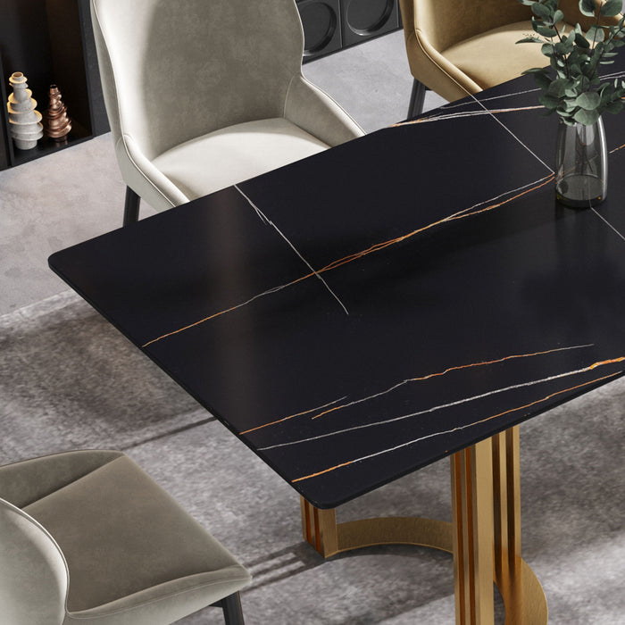 63" Modern Artificial Stone Black Straight Edge Golden Metal Leg Dining Table, 6 People - Black