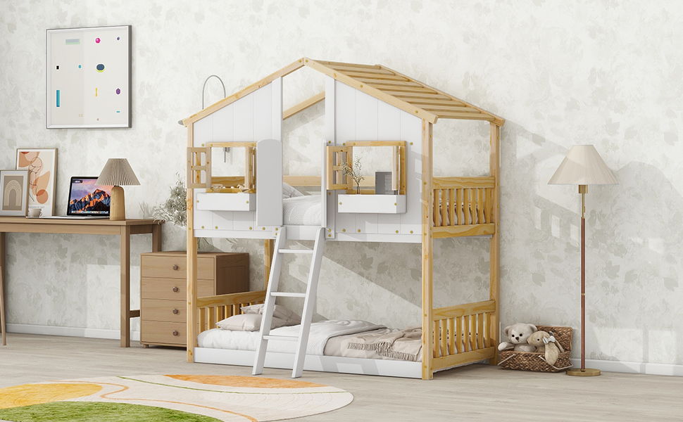 House Bunk Bed With Roof, Window, Window Box, Door, With Safety Guardrails And Ladder