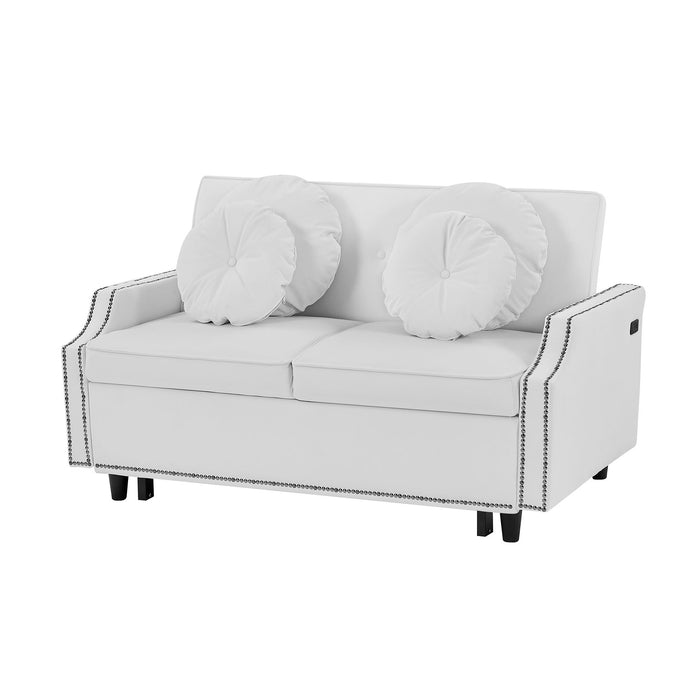 Multiple Adjustable Positions Sofa Bed Stylish Sofa Bed With A Button Tufted Backrest, Two USB Ports And Four Floral Lumbar Pillows For Living Room, Bedroom, Or Small Space