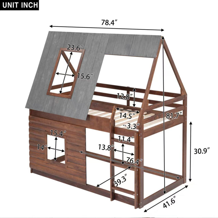 Wood Twin Size House Bunk Bed With Roof, Ladder And 2 Windows - Oak & Smoky Gray