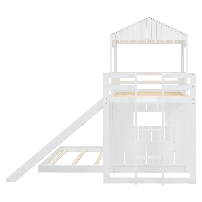 Wooden Twin Over Full Bunk Bed, Loft Bed With Playhouse, Farmhouse, Ladder, Slide And Guardrails - White