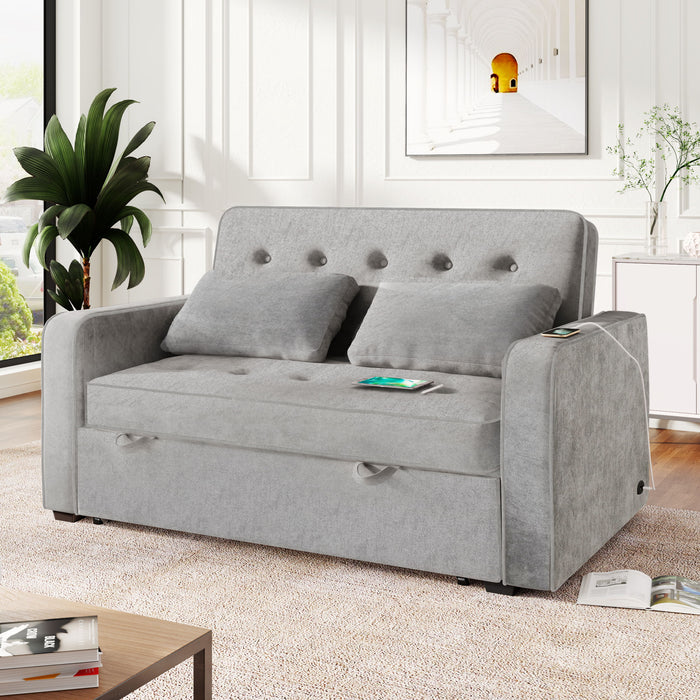 Upholstered Sleeper Bed, Pull Out Sofa Bed Couch Attached Two Throw Pillows, Dual USB Charging Port And Adjustable Backrest For Living Room Space