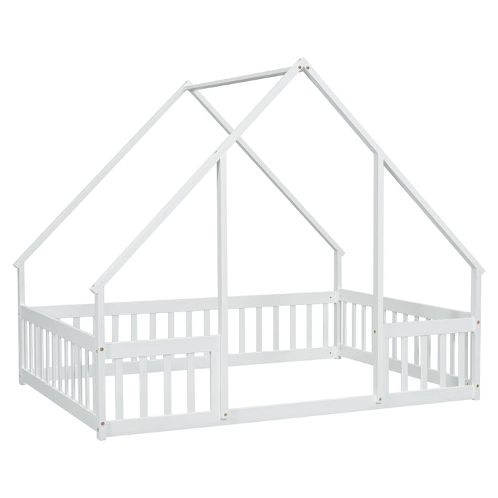 Wood House-Shaped Floor Bed With Fence, Guardrails