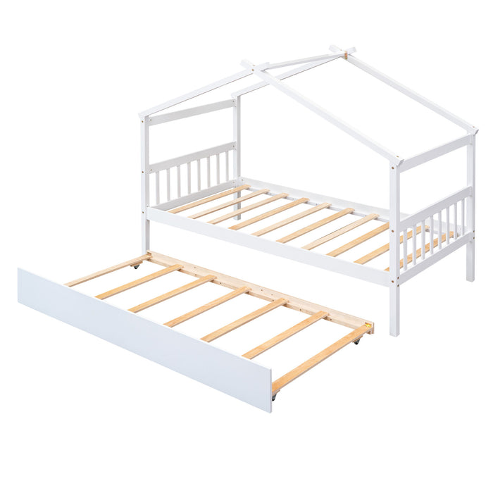 Wooden House Bed With Twin Size Trundle