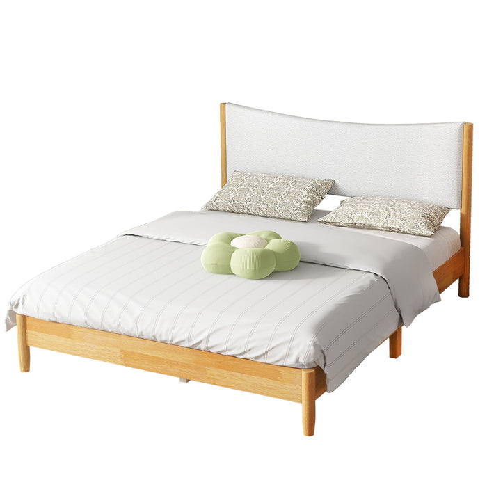 Queen Size Rubber Wooden, Solid Wooden Bed With Teddy Velvet Cushion Upholstered Headboard, Enhanced By Support Feet - Natural