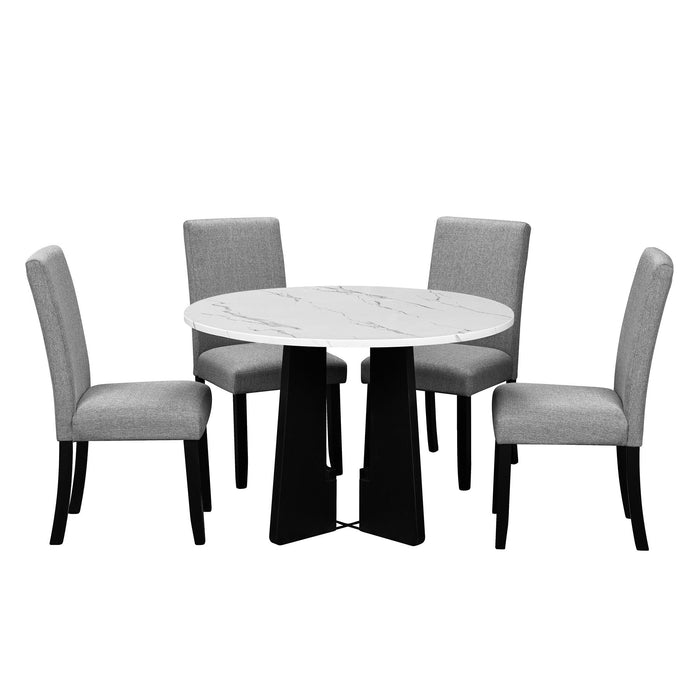 5 Piece Round Dining Table Set, Modern Dining Table And 4 Upholstered Chairs For Dining Room, Kitchen Room, Living Room - White / Gray