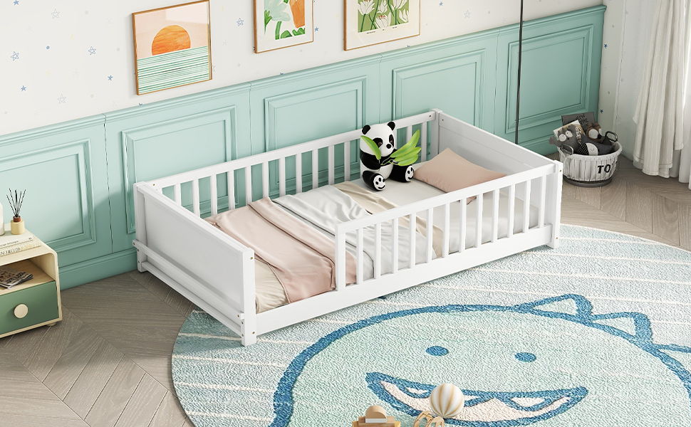 Floor Platform Bed With Built-In Book Storage Rack