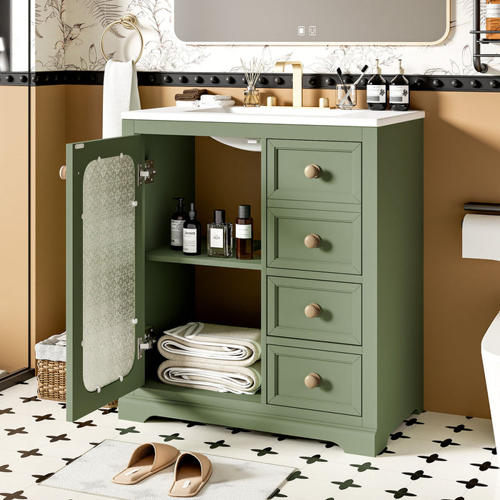 Bathroom Vanity With A Soft Close Glass Door, Adjustable Shelves, And Three Drawers