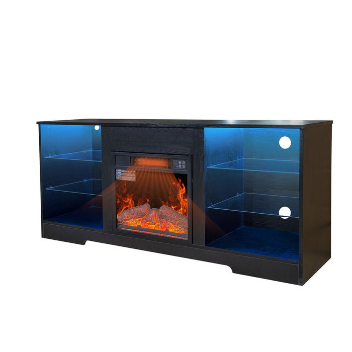 57.8" Fireplace TV Stand With 18" Electric Fireplace Heater, Modern Entertainment Center For TVs Up To 62" With Adjustable Glass Shelves And Storage Cabinets