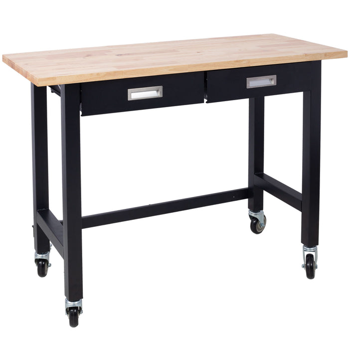 Work Bench, Workbench With Drawer Storage, Heavy Duty Bamboo Wood Work Table With Wheels For Garage Home Office