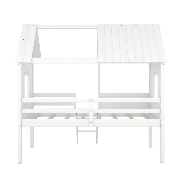 Twin Size Low Loft Wood House Bed With Two Side Windows - White