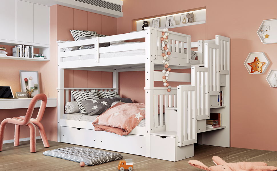 Full Over Full Bunk Bed With Shelves And 6 Storage Drawers - White